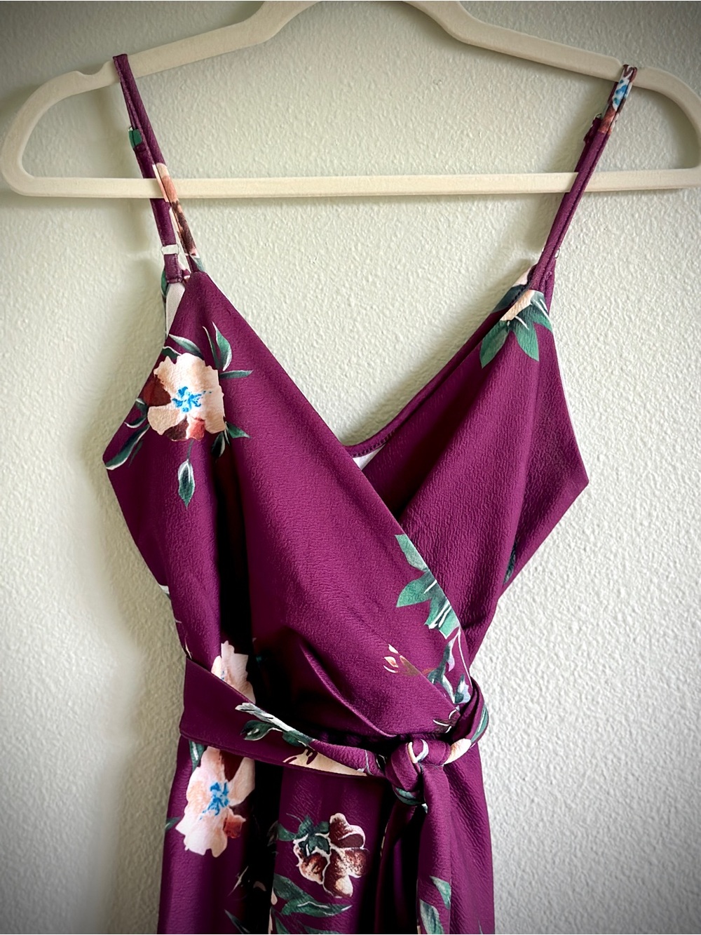 Burgundy Floral V-Neck Spaghetti Strap Adjustable Wrap Fit & Flare Dress - Picture 7 of 7